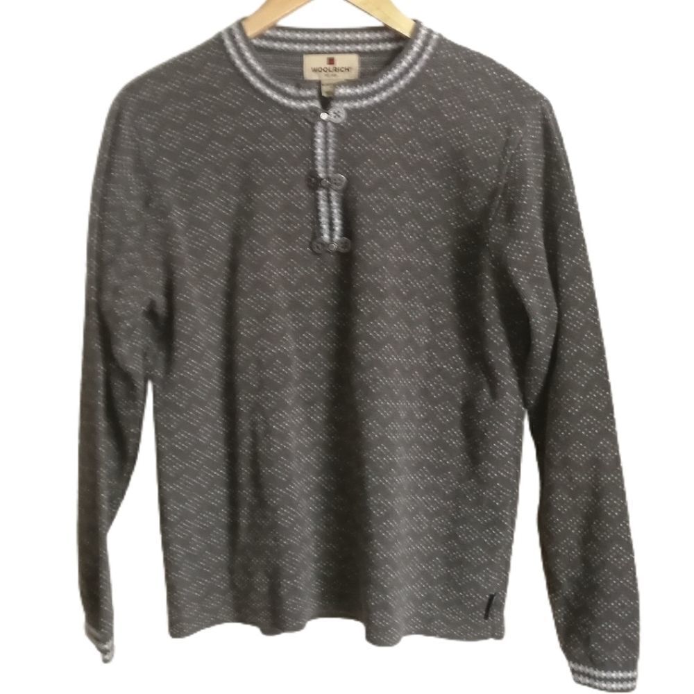 WOOLRICH Fair Isles Grey Long Sleeves Cotton Half-button Sweatshirt Size Small
